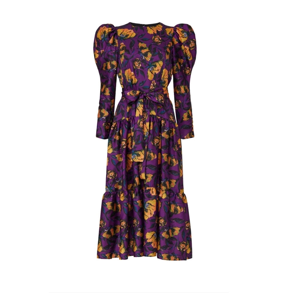 Purple Floral Midi Dress with Yellow Accents - Picture 3 of 15